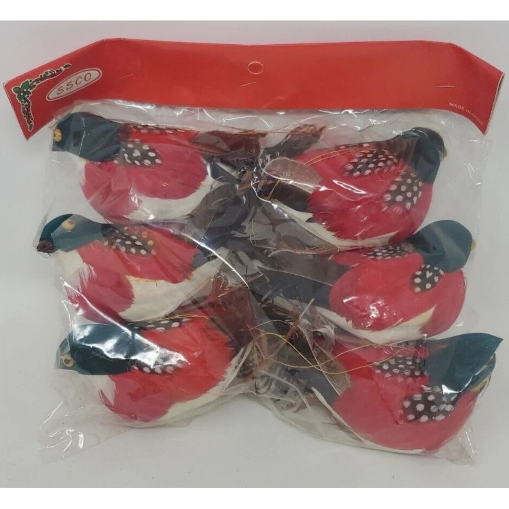 NOS Lot of 6 Red Cotton Spun Bird‎ Christmas Ornaments Decore